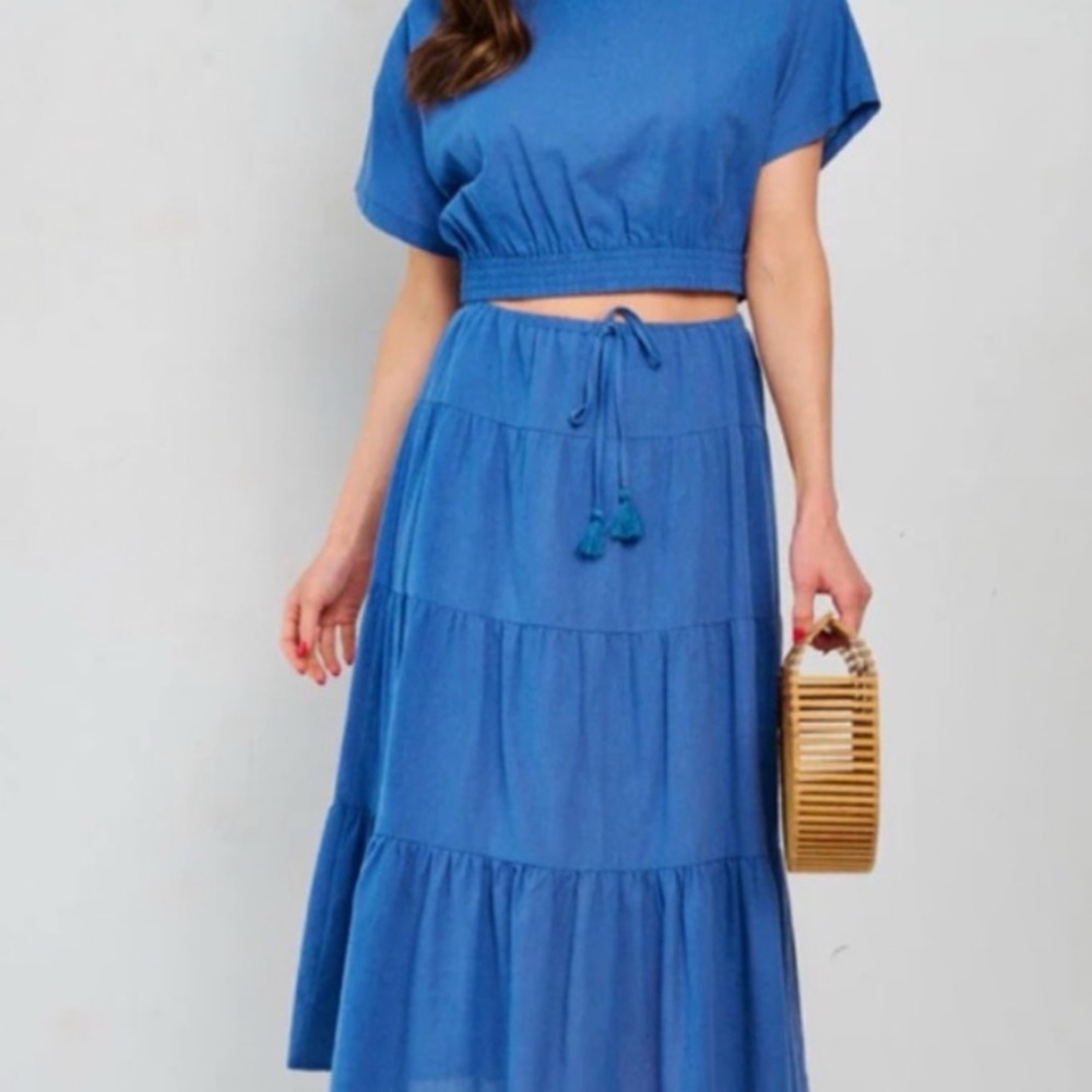 Womens short Sleeve Top Elastic Waist Maxi Skirt 2PCS Sets